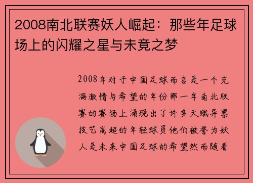 2008南北联赛妖人崛起：那些年足球场上的闪耀之星与未竟之梦