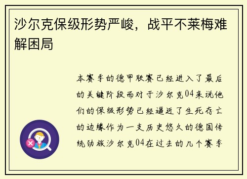 沙尔克保级形势严峻，战平不莱梅难解困局